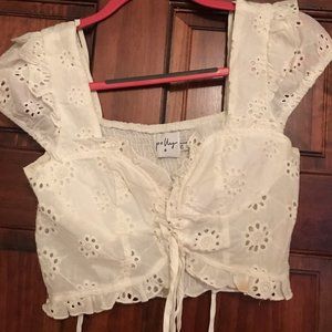Polly copped white lace blouse with tie front and back, size 6